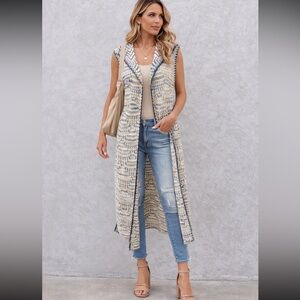 Sage & Flower Longline Hooded Sweater Cardigan Vest Blue with gold metallic Sz S